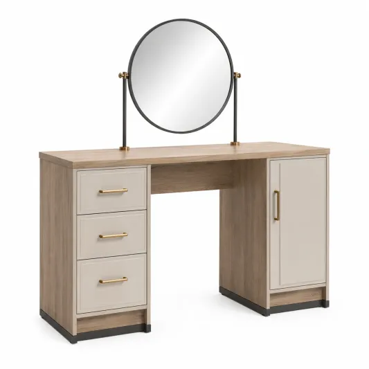 Schminktisch Holz Spanplatte mit Spiegel Rund Natur/Beige-furnivoria