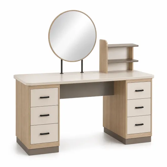 Schminktisch mit Spiegel und Schubladen aus MDF/Eichenfurnier Beige-furnivoria