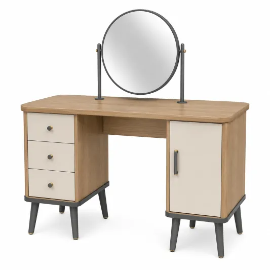 Schminktisch aus Holz und Metall mit Spiegel, Natur und Creme-furnivoria
