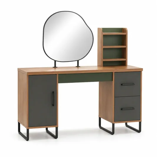 Frisiertischset aus Eichenholz und Metall mit Spiegel 120 cm-furnivoria