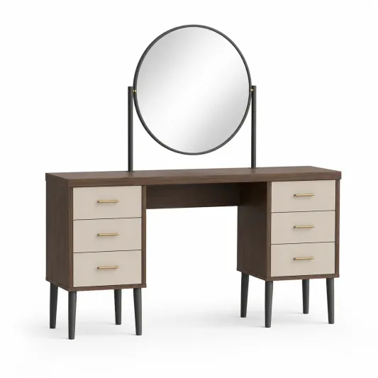 Schminktisch mit Spiegel und 6 Schubladen Holz Braun/Beige-furnivoria