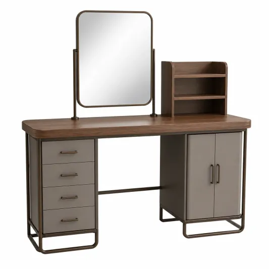 Holz Schminktisch mit Spiegel und Schubladen Braun/Grau 150x60x140cm-furnivoria
