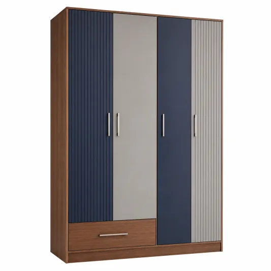 Drehtürenschrank mit 3 Türen und Schublade aus Holz und Melamin in Blau und Grau-furnivoria