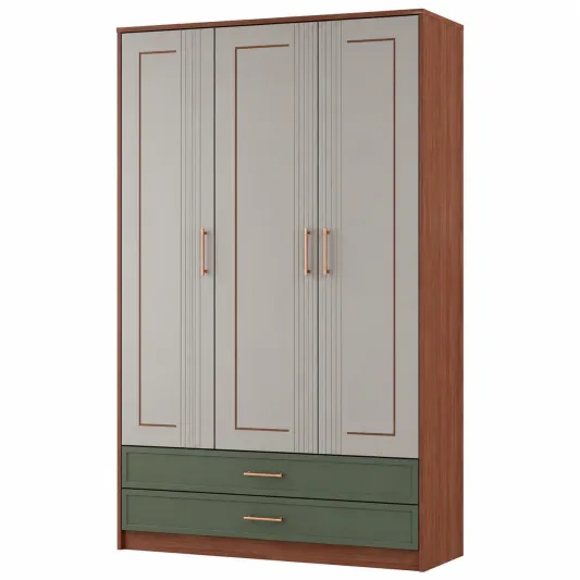 Kleiderschrank mit 3 Türen und 2 Schubladen aus Holzwerkstoff, 200x120x60 cm, Grau/Grün-furnivoria