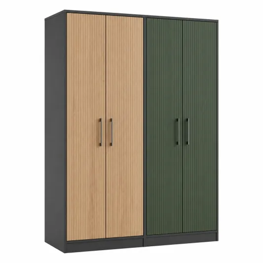 Kleiderschrank aus Holz und Metall mit vier Türen, Beige/Grün-furnivoria