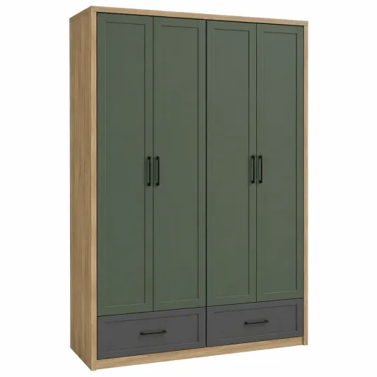 Garderobenschrank Holzfurnier 4-Türig mit 2 Schubladen Grün/Grau-furnivoria