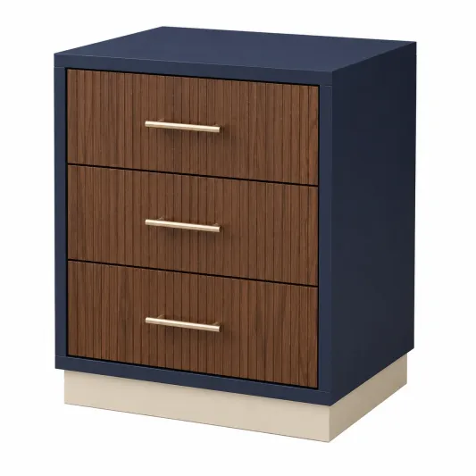 Nachttisch mit 3 Schubladen aus MDF und Nussbaumfurnier Dunkelblau-furnivoria