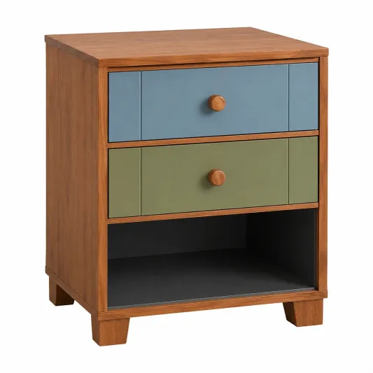 Holz Nachttisch mit 2 Schubladen Braun/Blau/Grün-furnivoria