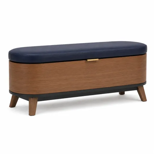 Sitzbank mit Stauraum aus Kunstleder und Holz, Dunkelblau/Braun, 120cm-furnivoria
