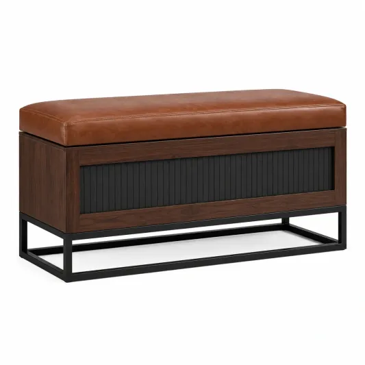 Holzbank mit Kunstlederpolsterung und Metallrahmen 100 cm Braun/Schwarz-furnivoria