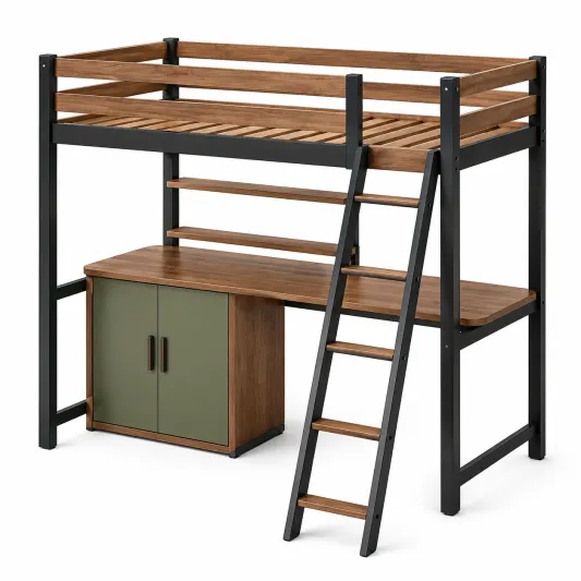 Hochbett mit Schreibtisch und Regal aus Metall und Walnussholz in Braun/Schwarz/Grün-furnivoria