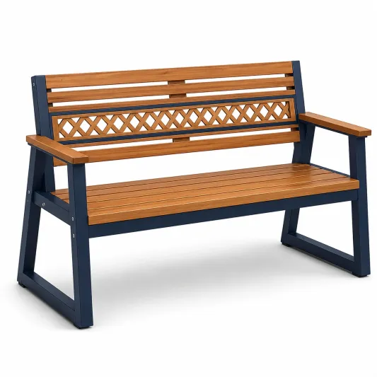 Holz-Metall-Gartenbank, 2-Sitzer, 120cm, Braun/Blau-frandelia