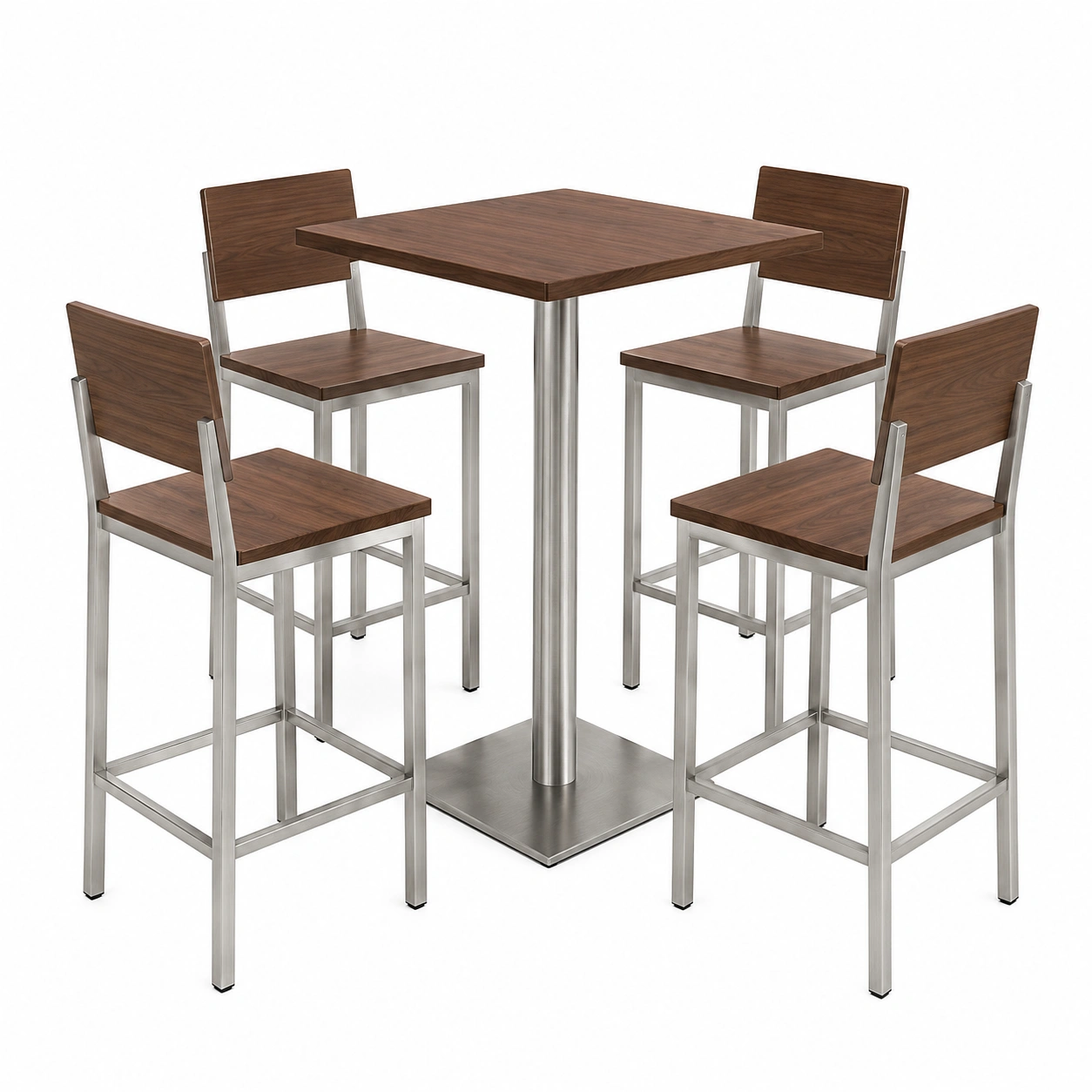 Bar-Set aus Walnussholz und Edelstahl mit quadratischem Tisch und 4 Stühlen-frandelia