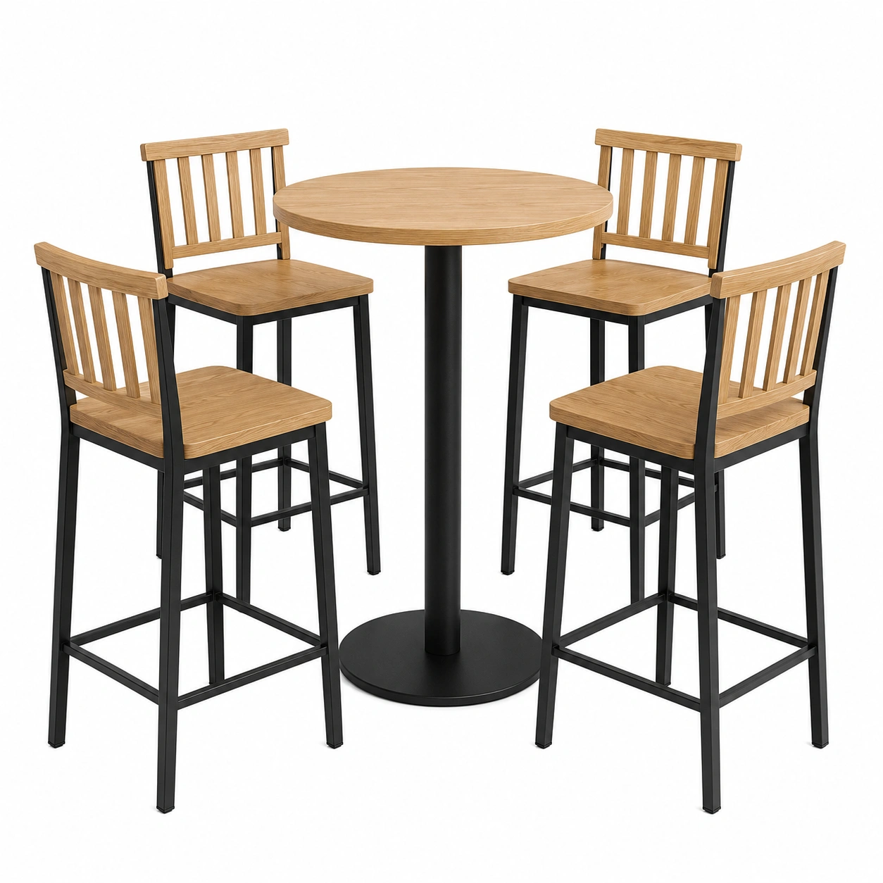 Runder Bar-Tisch und 4 Hocker Set aus Holzoptik und Stahl-frandelia