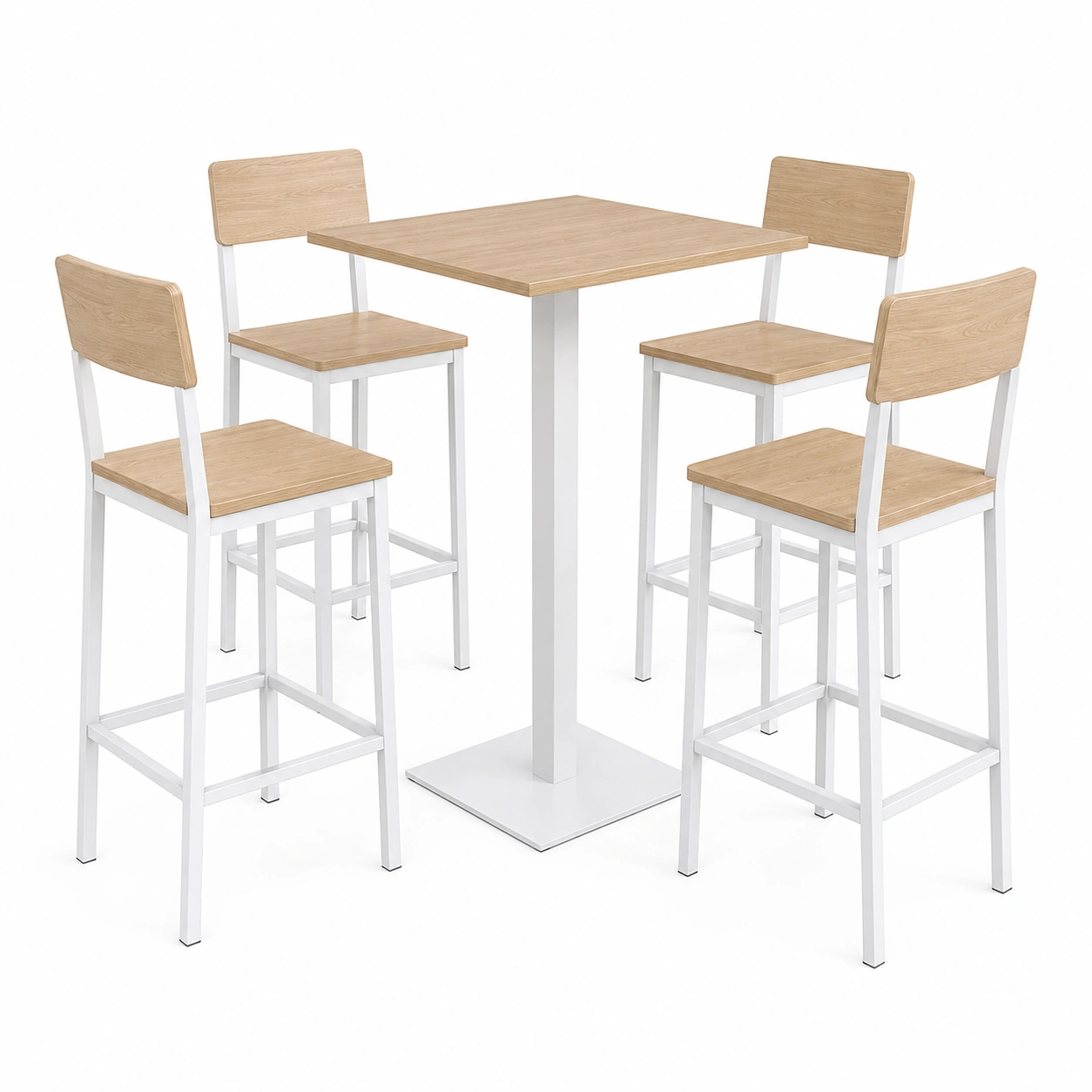 Quadratisches Bartisch-Set aus Holz und Metall mit 4 Stühlen-frandelia