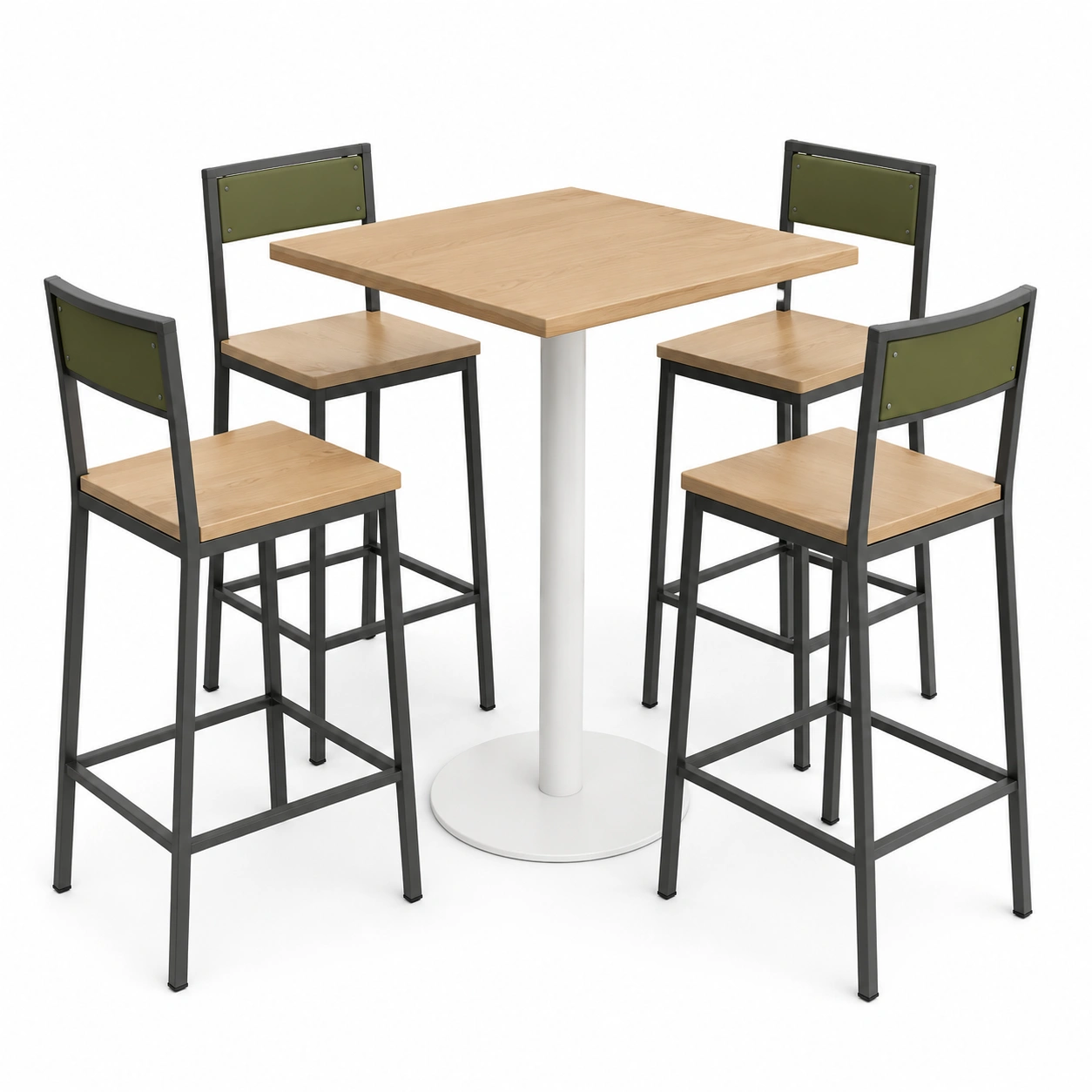Quadratisches Bartisch-Set aus Holz und Metall mit 4 Barhockern, Naturholz/Schwarz/Grün-frandelia