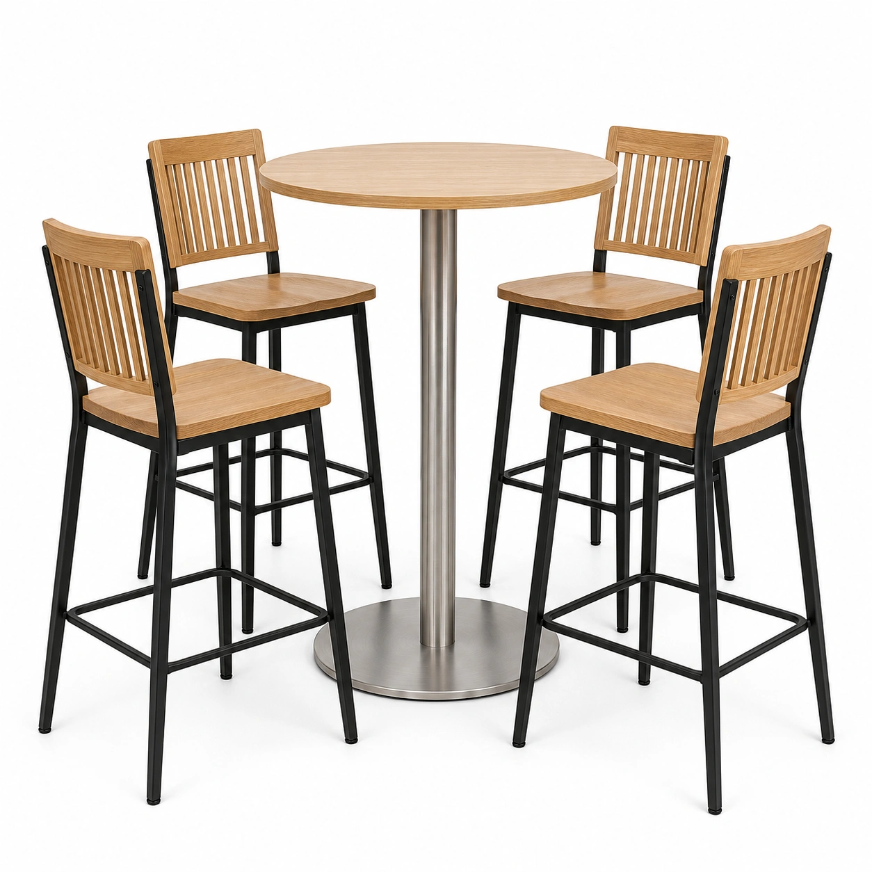 Rundes Tischset mit 4 Holz- und Metall-Barhockern, Hellbraun/Schwarz-frandelia
