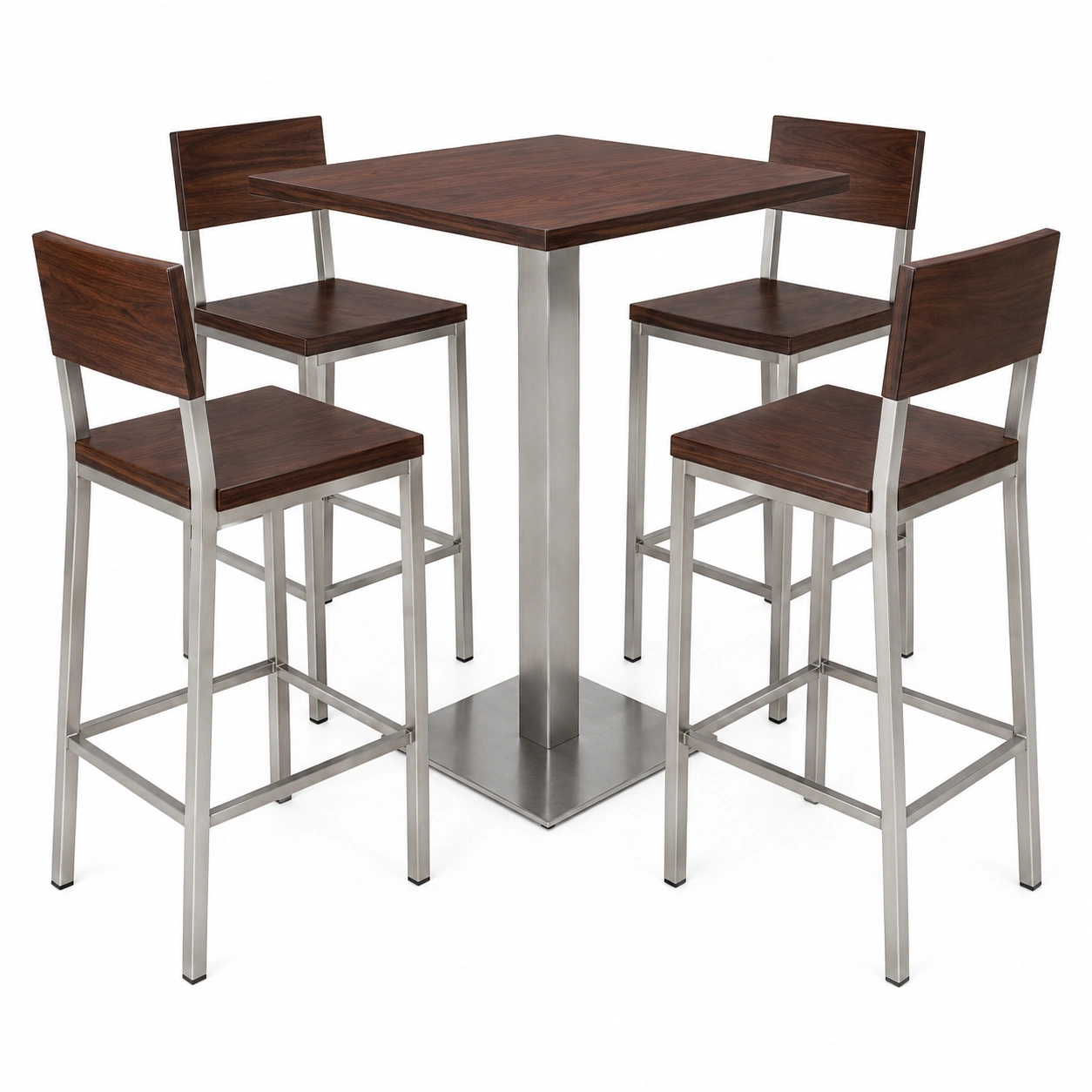 Barset aus Edelstahl und Walnussholz mit quadratischem Tisch und vier Barhockern-frandelia