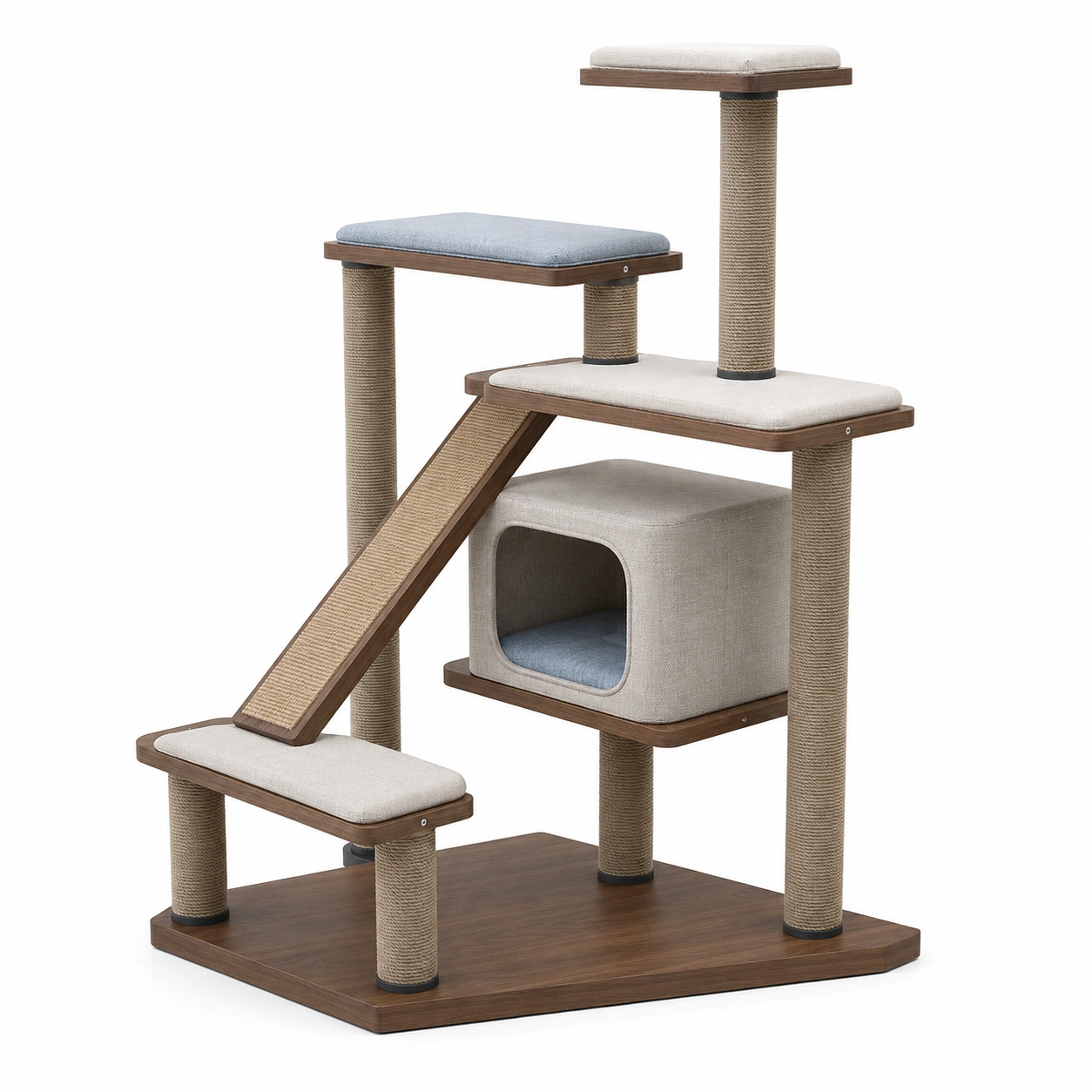 Kratzbaum für Katzen aus Holz und Sisal, 60x40x120 cm, Beige/Blau-frandelia