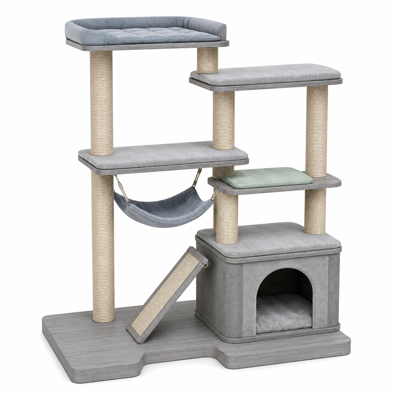 Katzenkratzbaum mit Hängematte und Höhle, 5 Ebenen, MDF, Sisal, Grau-frandelia