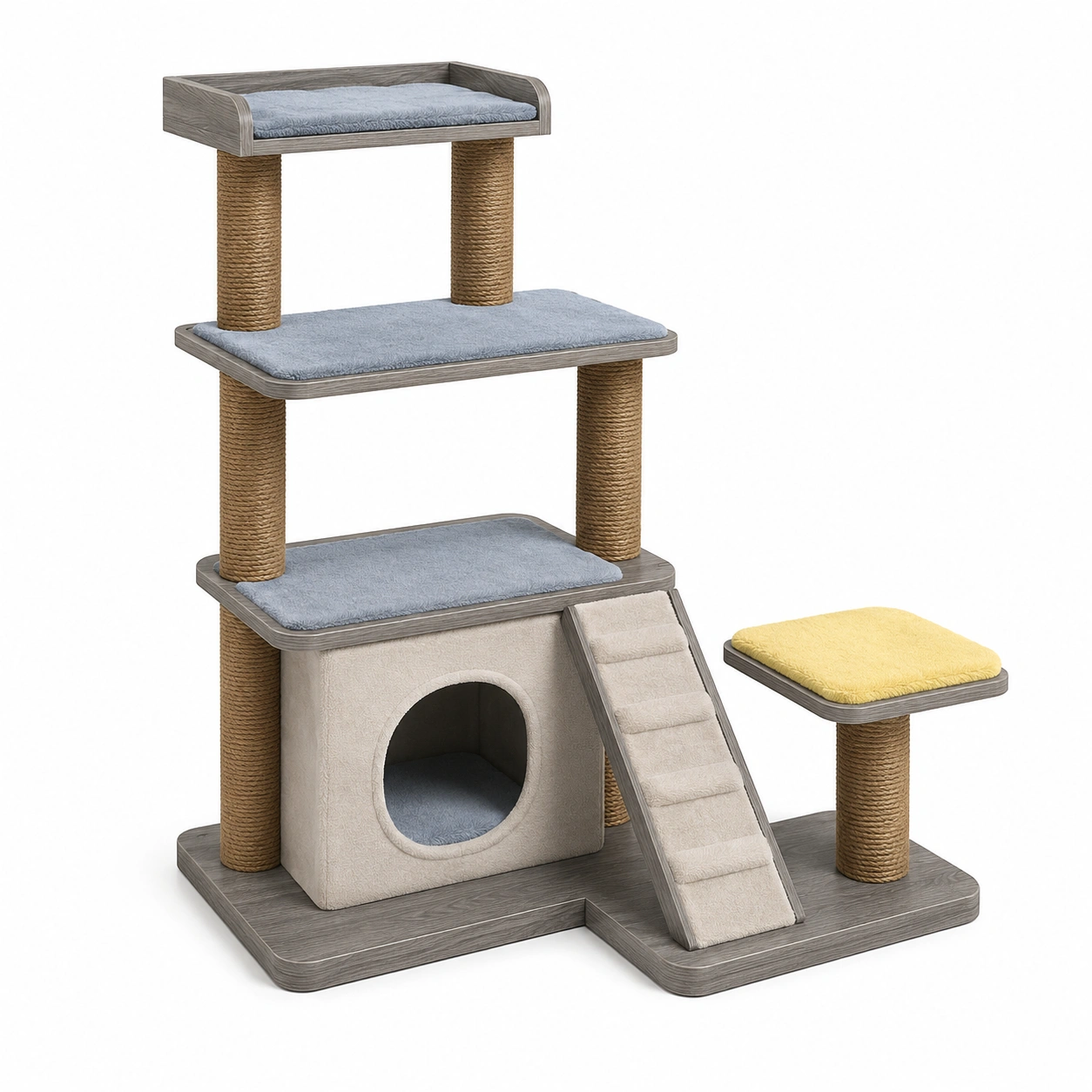 Katzenbaum aus Holz mit Sisal und Polster in Grau/Blau/Gelb-frandelia