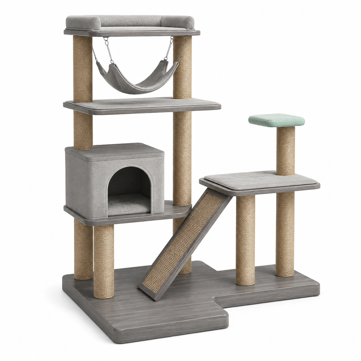 Katzenkratzbaum aus Holz und Sisal, Grau/Grün, 120x60x40 cm-frandelia