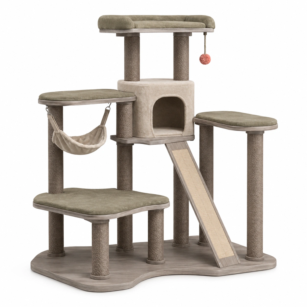 Katzenkratzbaum mit Hängematte und Spielzeugball, mehrstufig, Holz, Sisal, Beige/Grün-frandelia