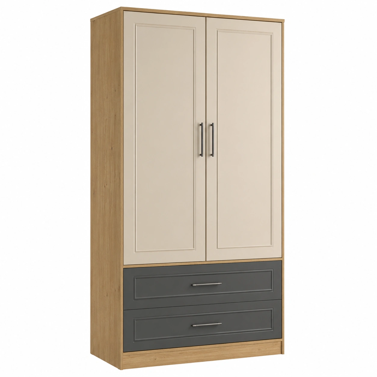 Kleiderschrank mit 2 Türen und 2 Schubladen aus MDF und Eichenfurnier Beige/Grau-frandelia