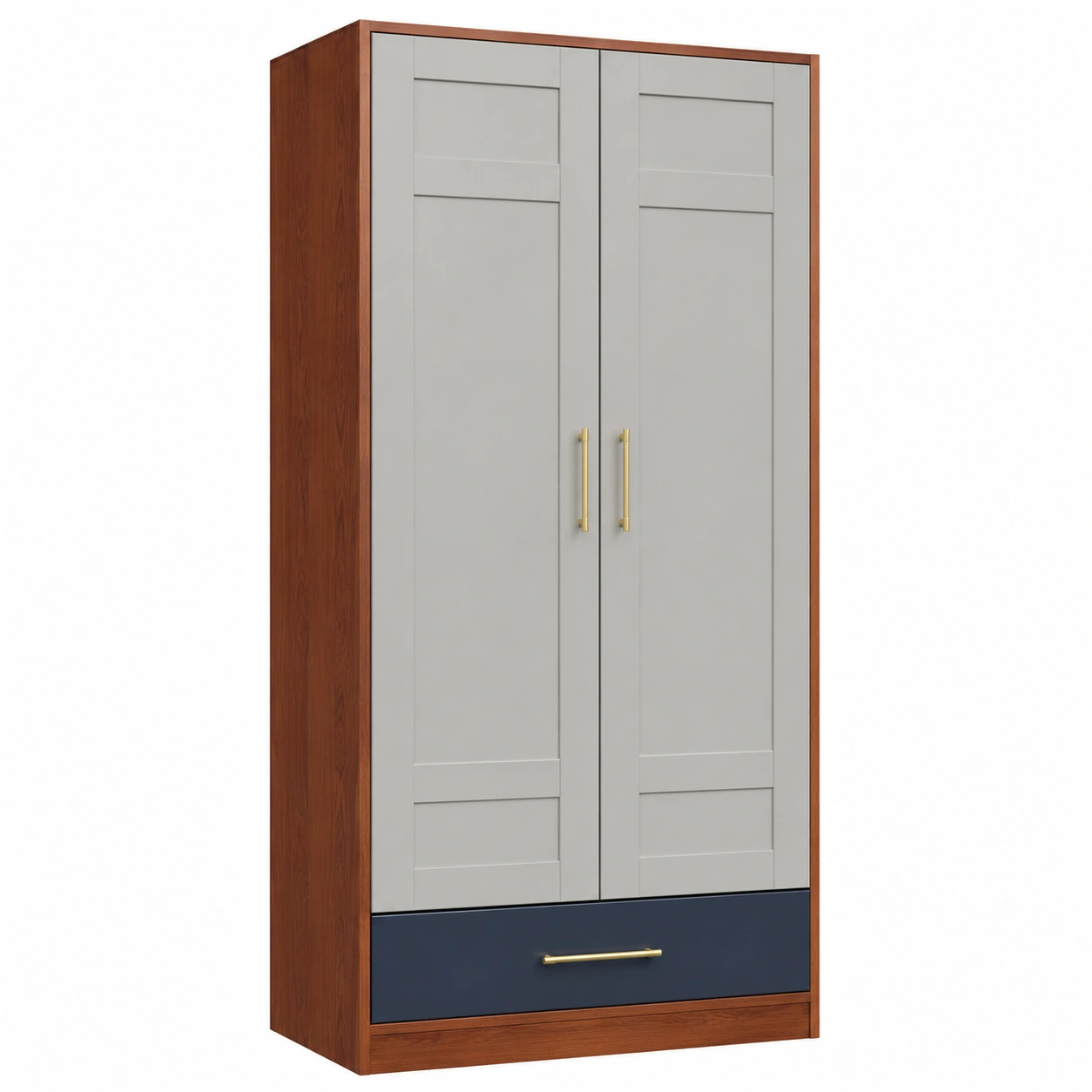 Holzkleiderschrank mit 2 Türen und 1 Schublade in Grau/Nussbaum/Blau-frandelia