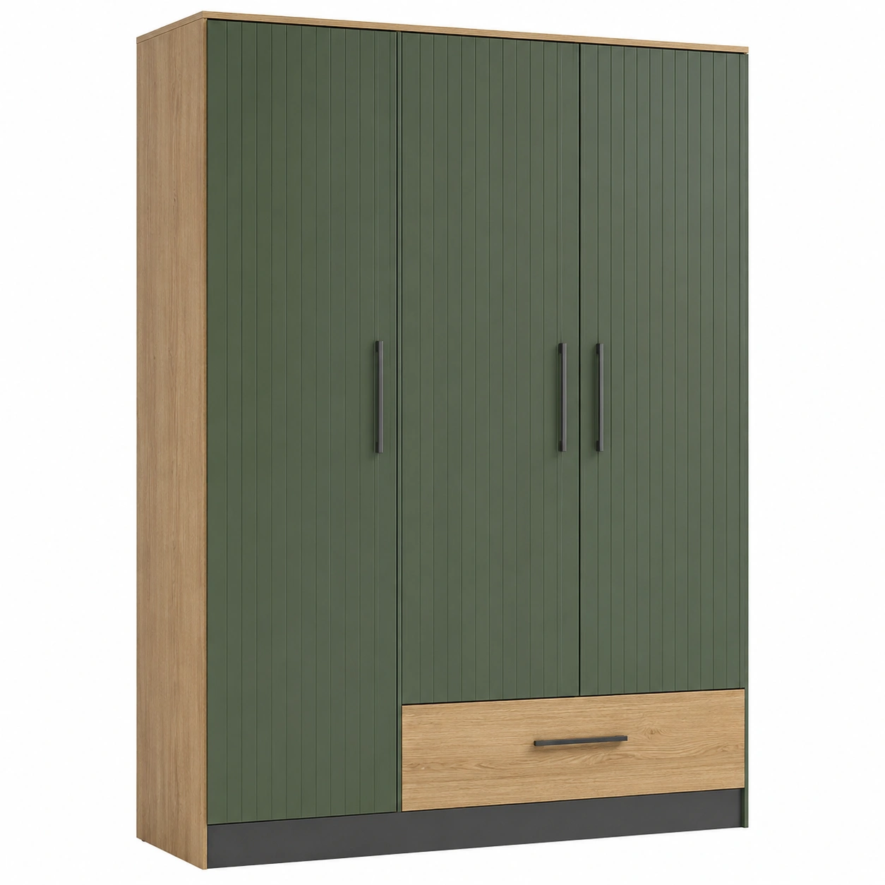 Kleiderschrank 3-türig aus Eichenholz und grünem MDF mit Schublade-frandelia