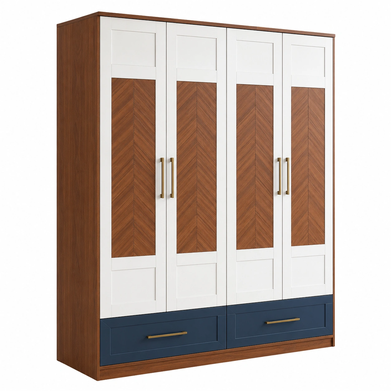 Kleiderschrank mit 4 Türen und 2 Schubladen Holz Weiß Braun Blau 200x60x210cm-frandelia