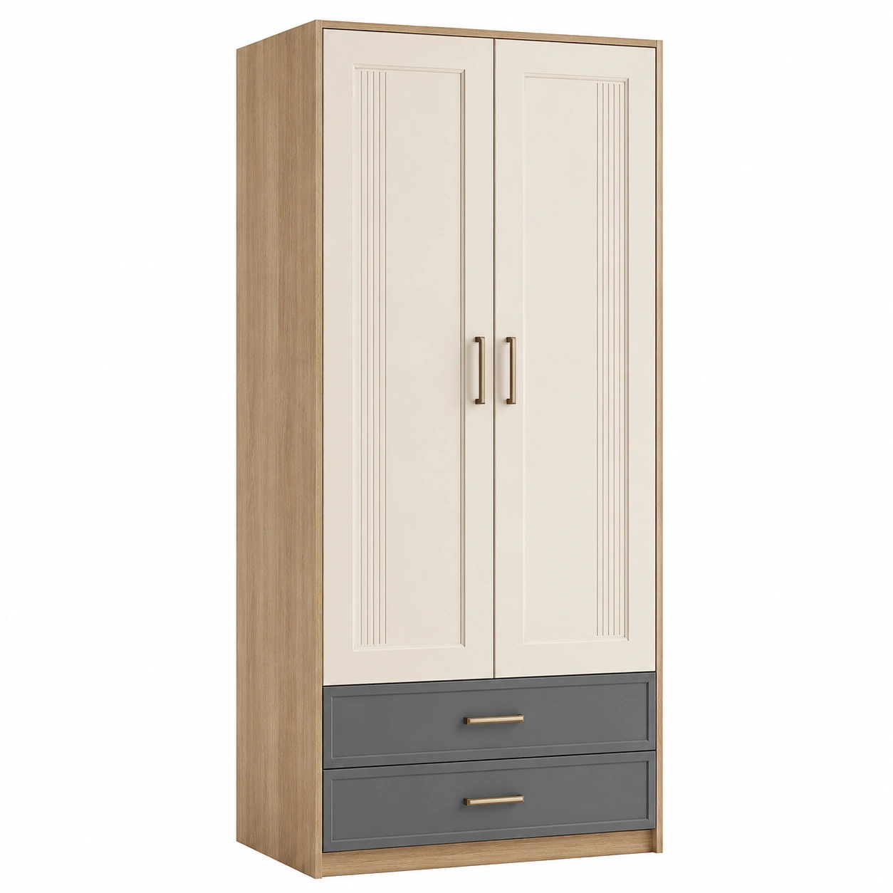 Holzwerkstoff Kleiderschrank mit 2 Türen und 2 Schubladen Beige/Grau-frandelia