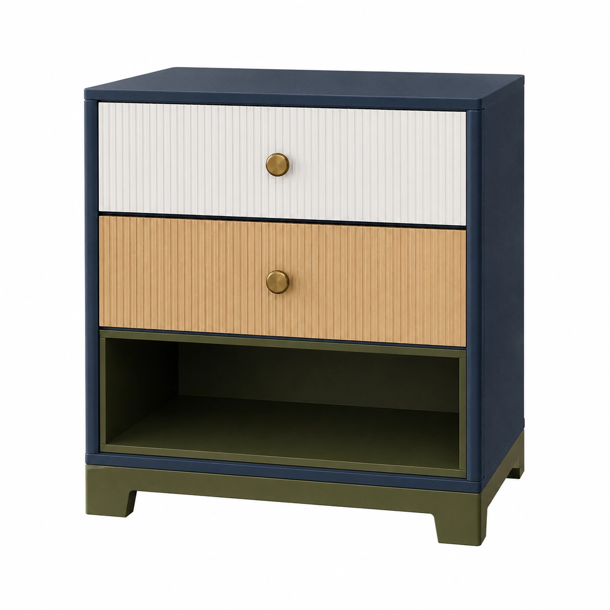 Holz Nachttisch mit 2 Schubladen und offenem Fach, Blau/Gelb/Grün, 60x40x75 cm-frandelia