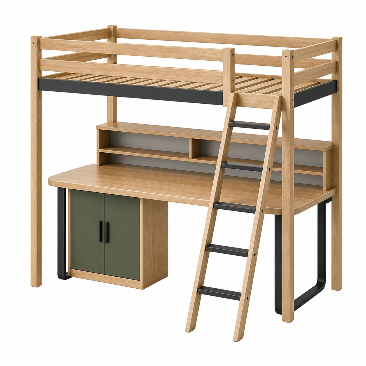Holz Hochbett mit Schreibtisch und Regal 200x90 cm Natur/Schwarz/Grün-frandelia