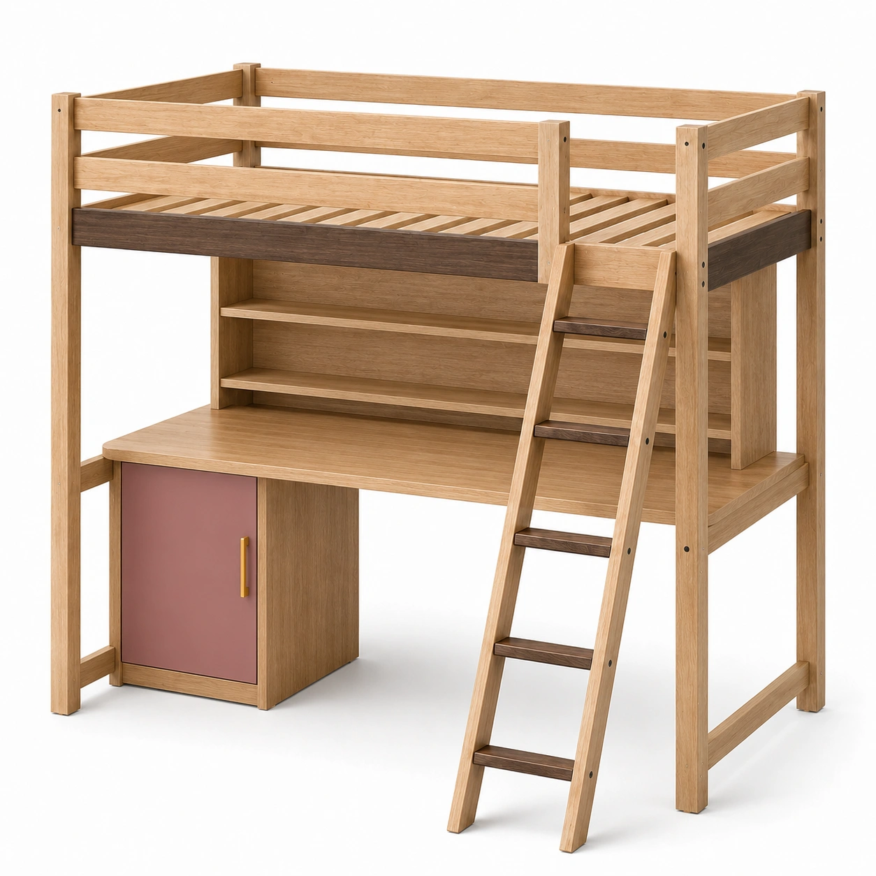 Kinder Hochbett aus Holz mit Schreibtisch und Regal-frandelia