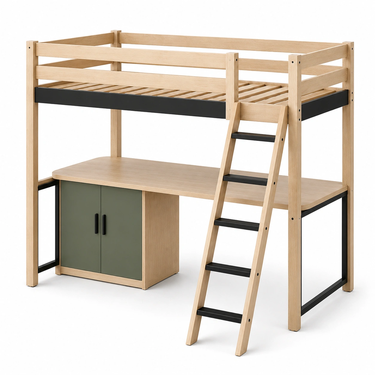Hochbett mit Schreibtisch Holz Schwarz Grün 200x90 cm-frandelia