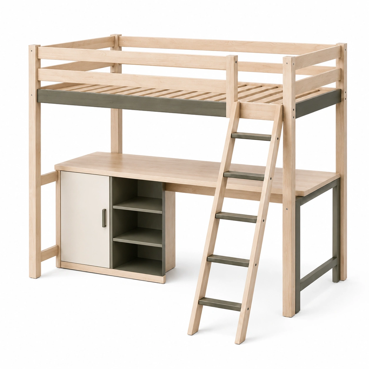 Buchenholzbett mit Schreibtisch und Regal, 200x90x180 cm, Natur/Grau-frandelia