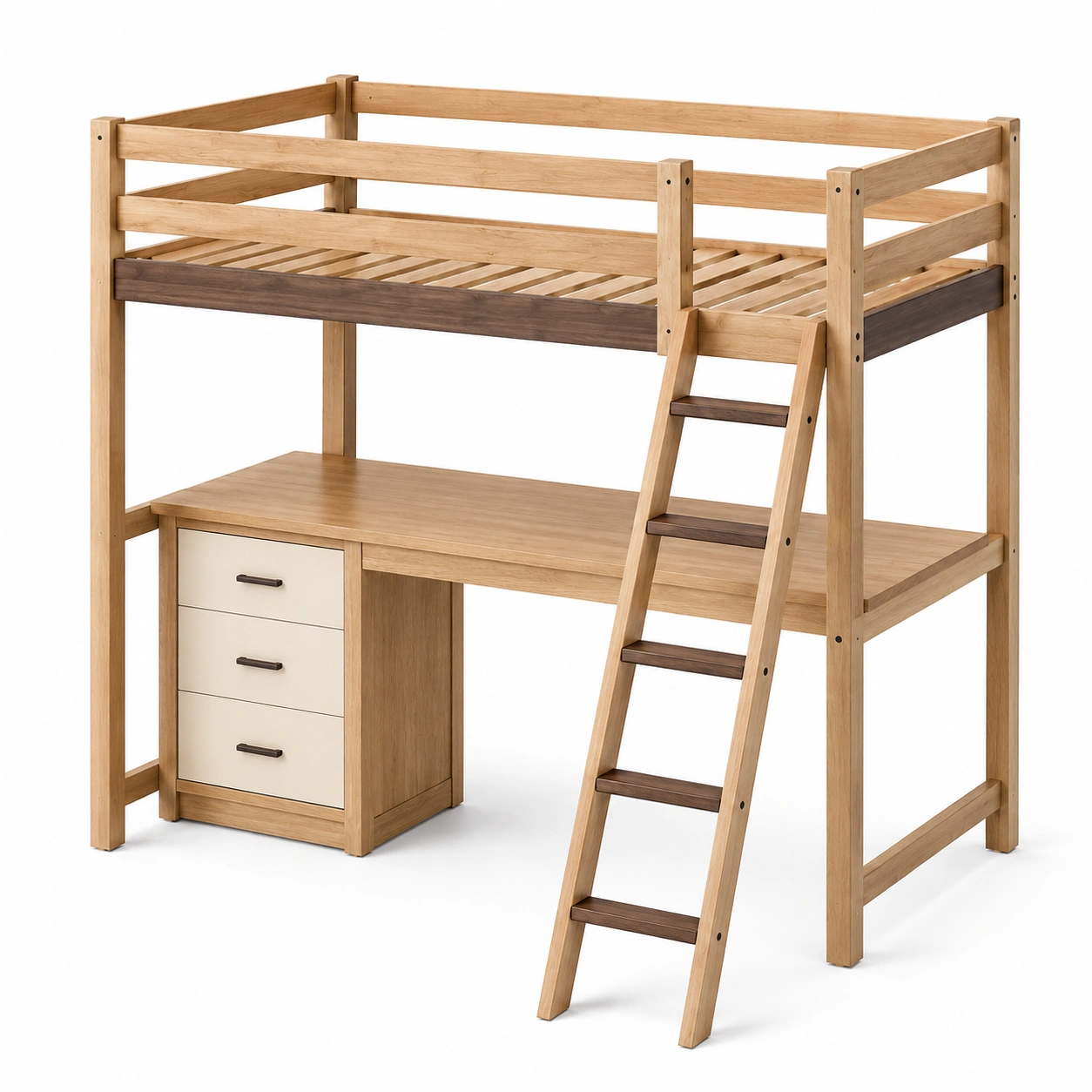 Hochbett aus Eiche mit Schreibtisch und Schubladen-frandelia