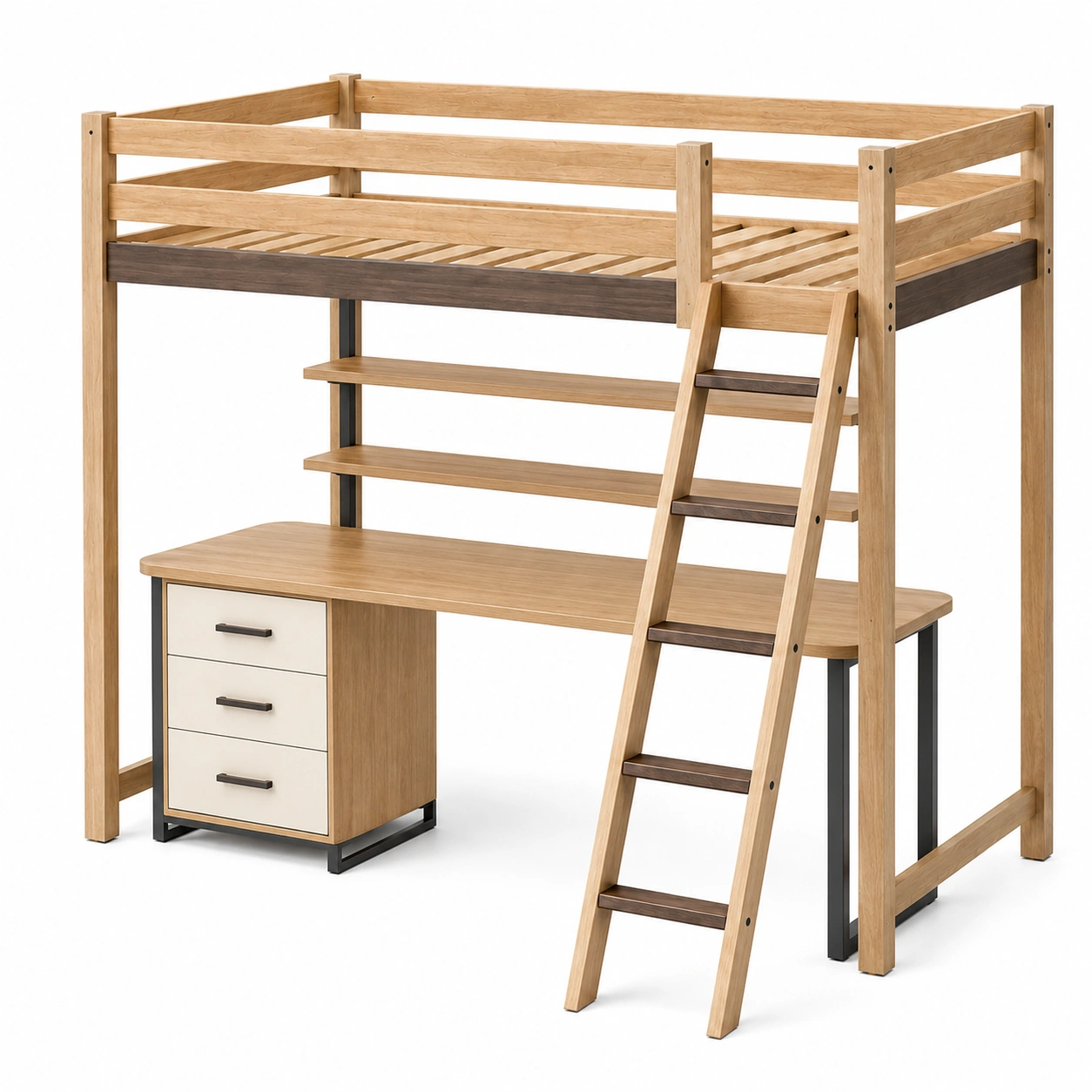 Hochbett aus Eiche mit Stahl und Schreibtisch Natur 200x90 cm-frandelia