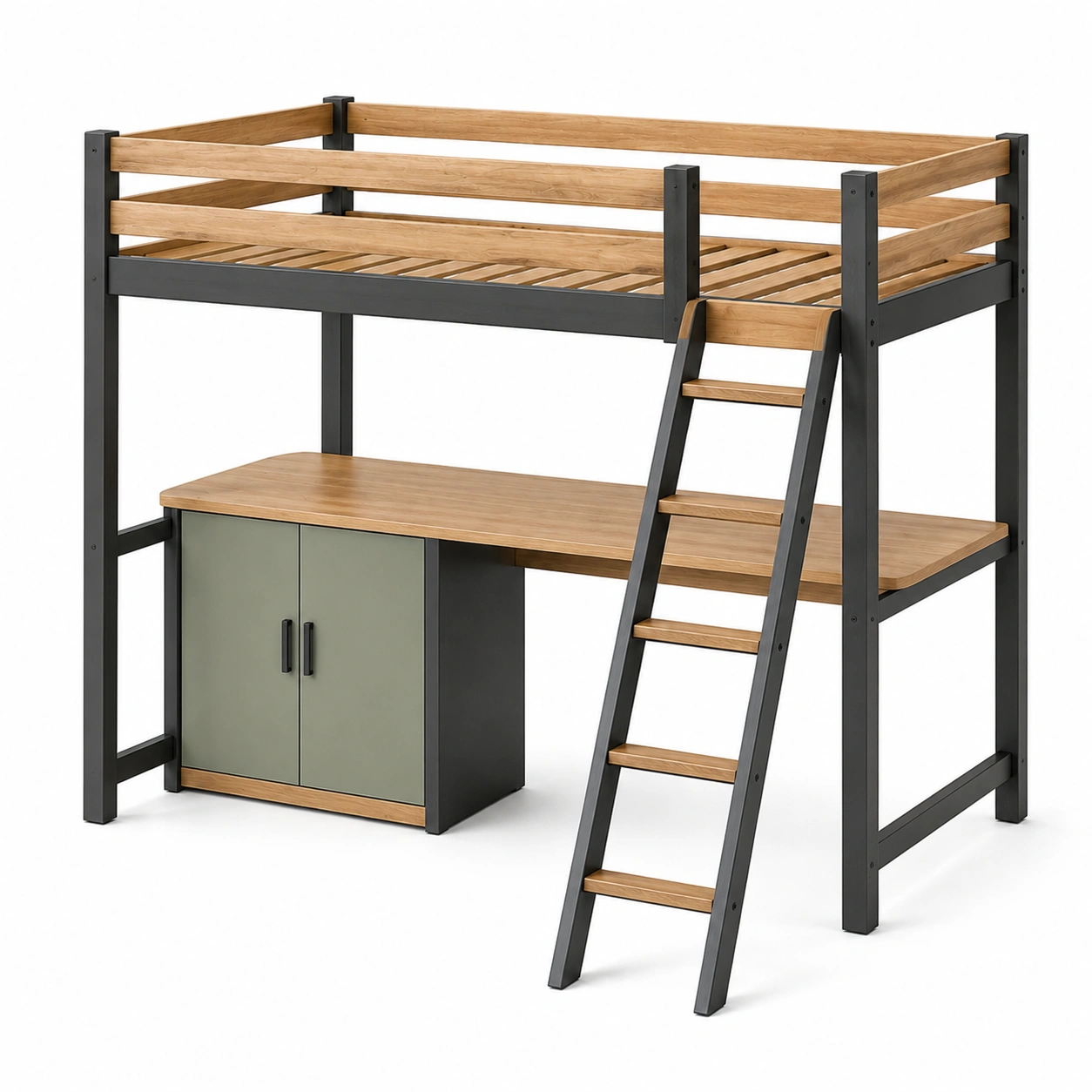 Hochbett mit Schreibtisch und Schrank, Metall und Eichenfurnier, Eiche/Schwarz-frandelia