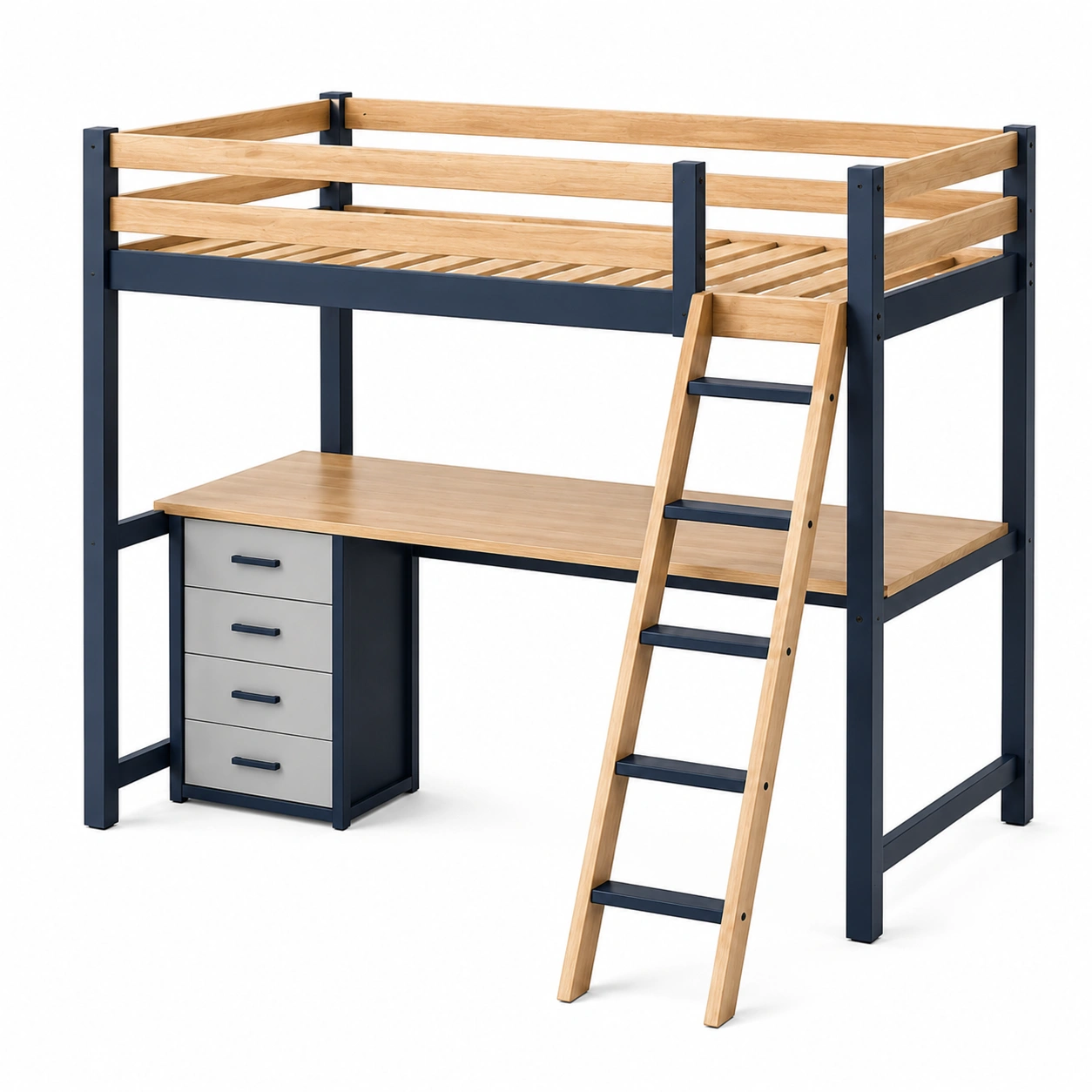 Etagenbett mit Leiter und Schreibtisch aus Holz und Metall-frandelia