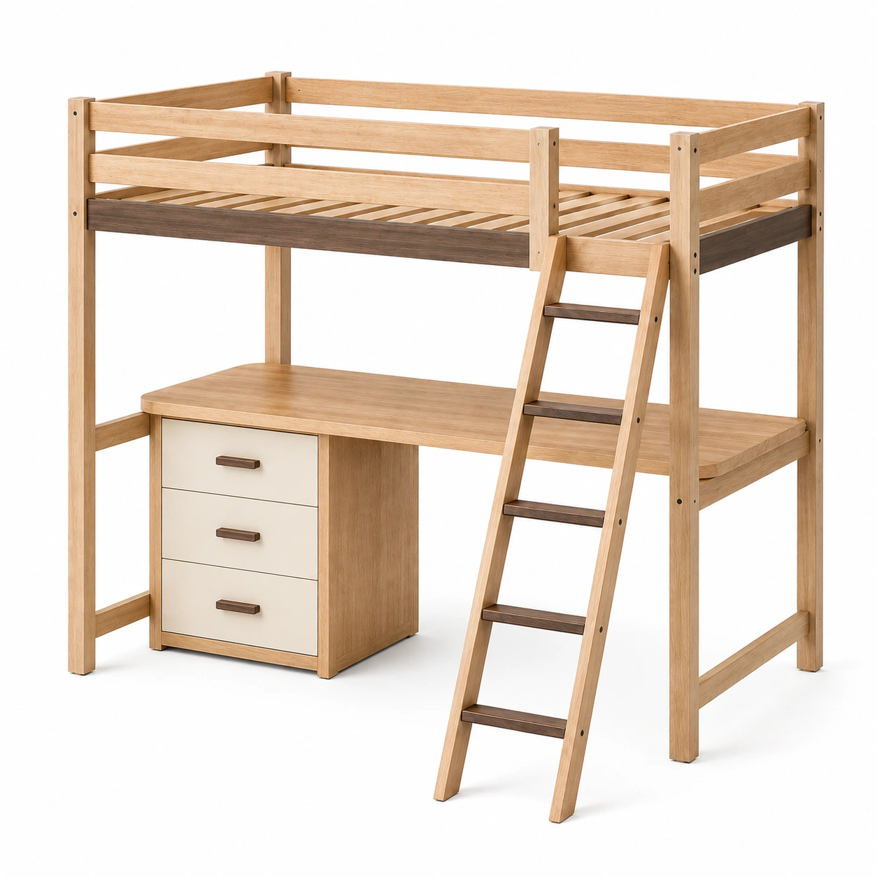 Holz Hochbett mit Schreibtisch und Leiter-frandelia