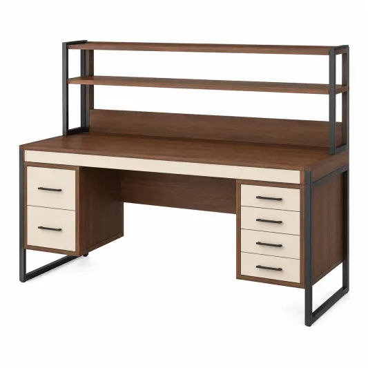 Schreibtisch aus Holz und Metall mit Regalen, Braun/Creme-orqelvian