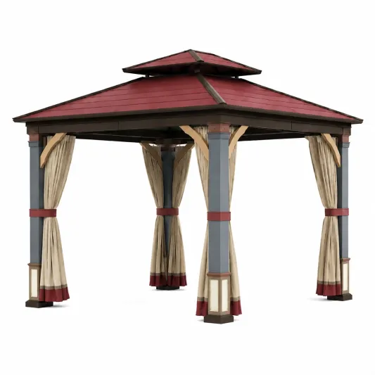 Gartenpavillon mit Stahlrahmen und Polyester Vorhängen, 3x4 m, Rot/Beige/Blau-roomoveta