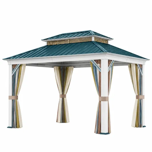 Pavillon mit Stahldach und Polyester-Vorhängen 360x360x350 cm Blau-roomoveta