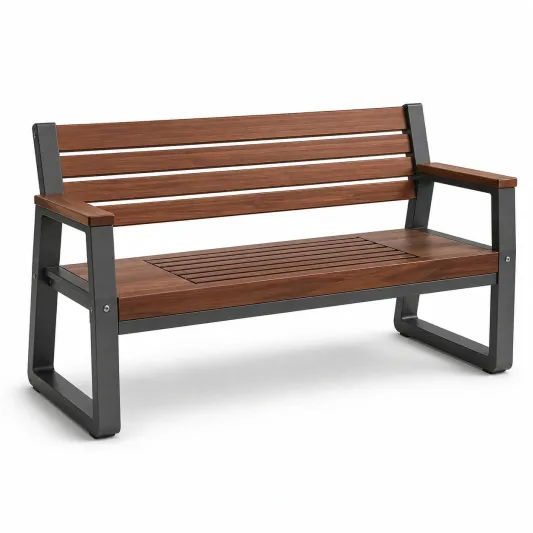Gartenbank mit Holzoptik und Metallgestell, 2-Sitzer, Braun-decozira