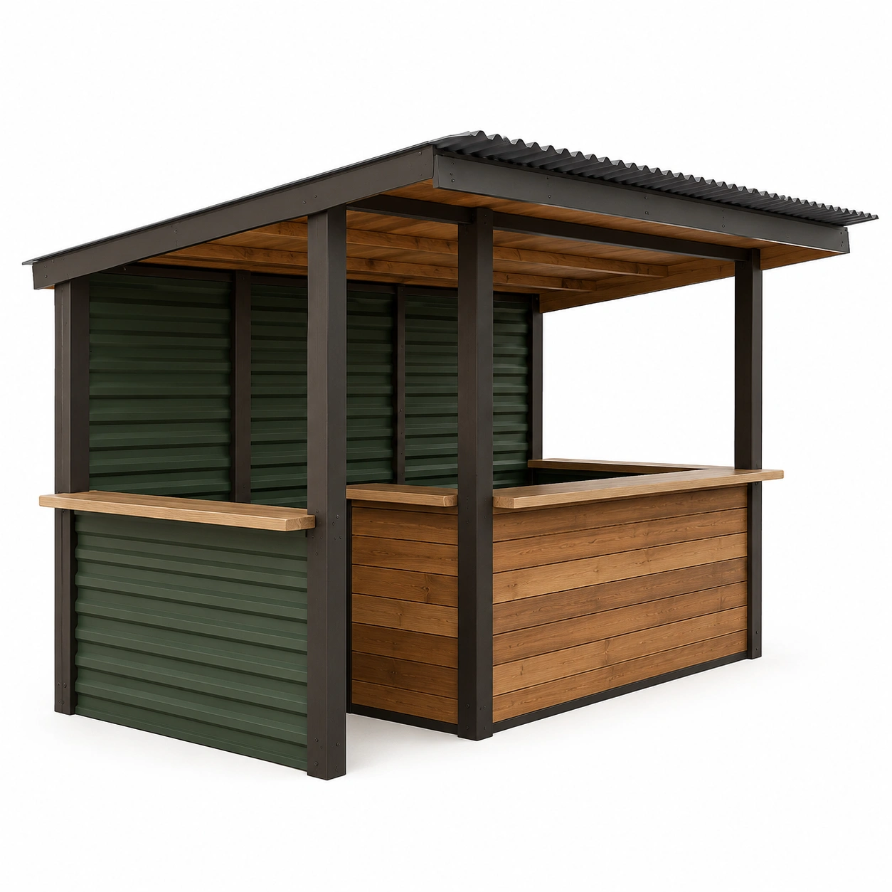 Holz-Gartenbar mit gewelltem Dach und Metallrahmen, 220x150x200 cm, Braun/Grün-decozira