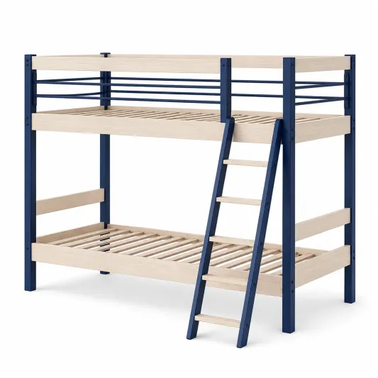 Etagenbett aus Massivholz und Metall 90x200 cm Blau/Natur-decozira