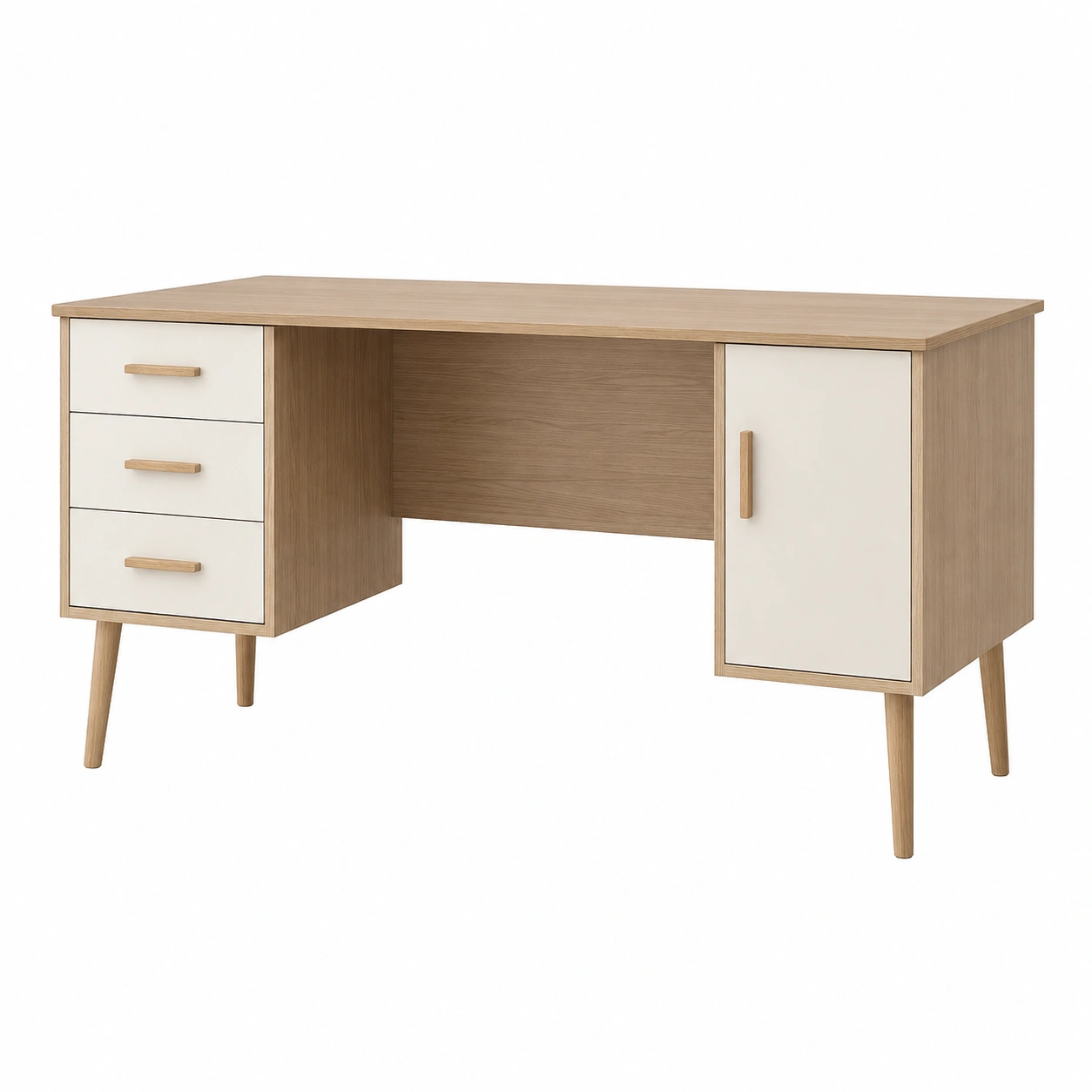 Schreibtisch Holz mit Schubladen und Tür 120x50x75cm Natur/Weiß-decozira