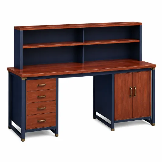 MDF-Metall-Schreibtisch mit Regalaufsatz in Braun/Blau-decozira